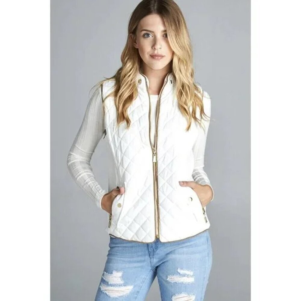 NWT 2Bella Quilted Zip Up Long Puffer‎ Vest Beige Gold Women XS